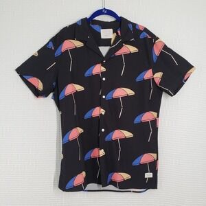 Duvin Button Up Shirt Mens Medium Black Beach Tropical Short Sleeve Stretch Camp
